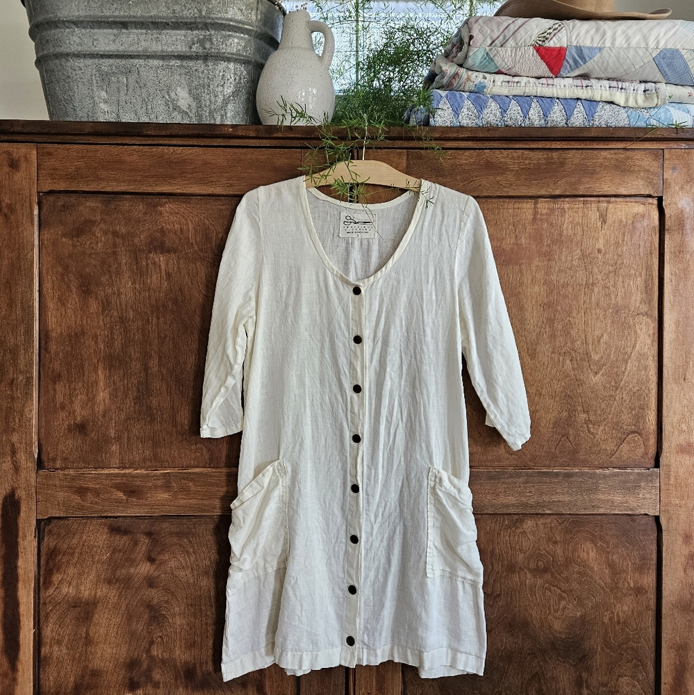 Conscious Clothing 100% Linen Button Front Tunic Dress Ivory Cream USA Made Smal